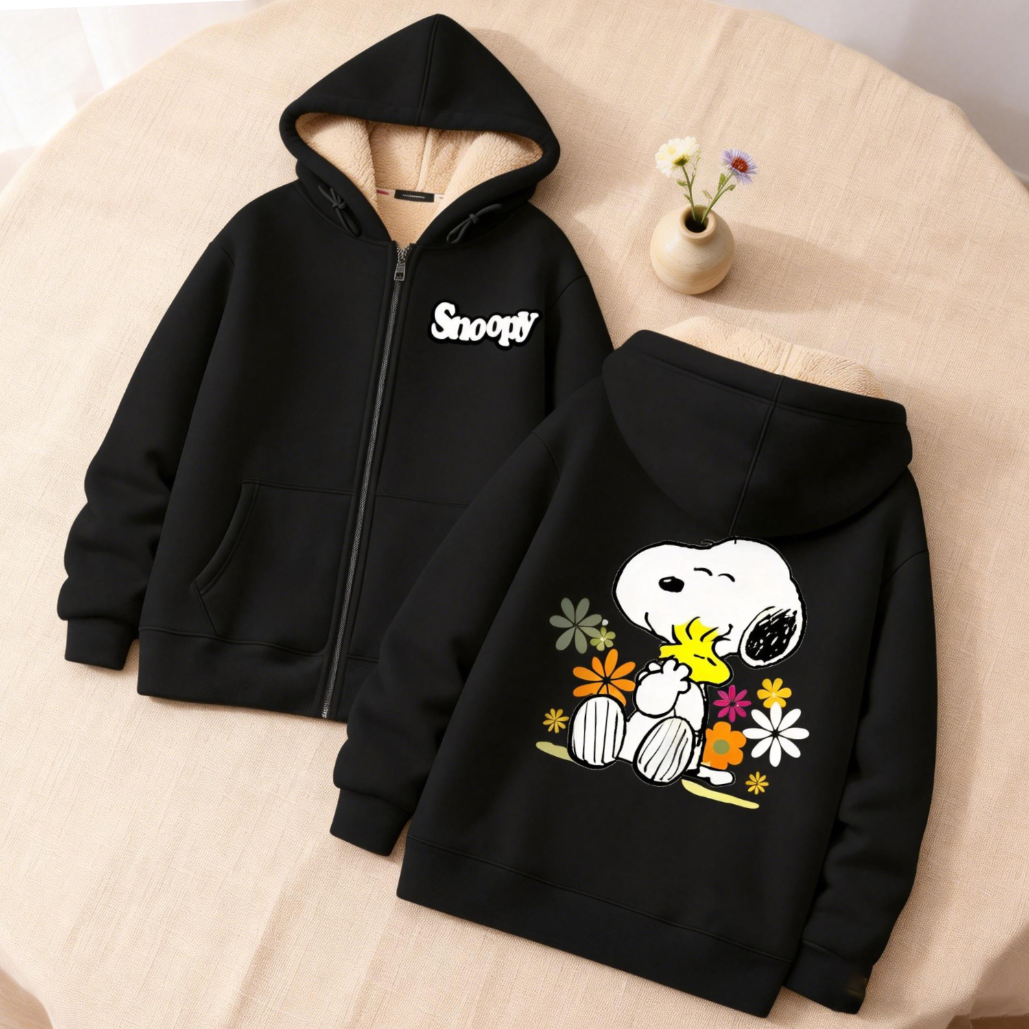Mens Fashion Jumpers - Snoopy Black Zip Hoodie Adult Kawaii