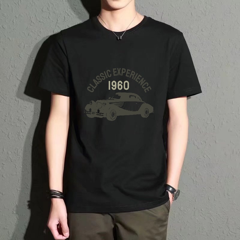 Men'S Fashion 1960S - Men's Black Round-Neck Short-Sleeved T-Shirt, Retro
